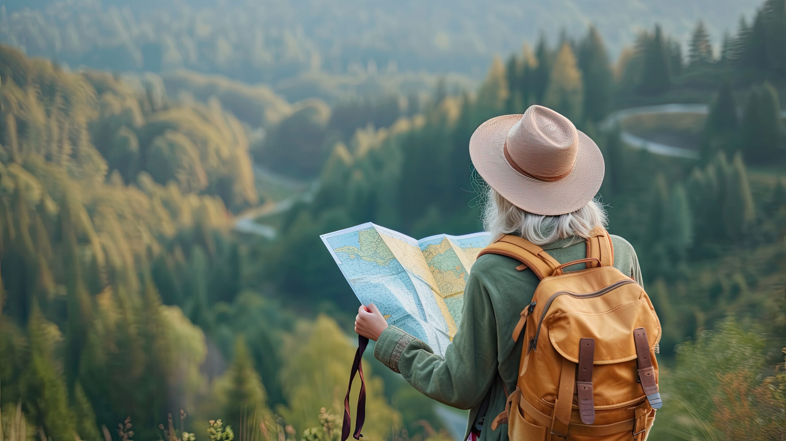 Female backpacking open map and hiking nature travel. The concept of a happy life.